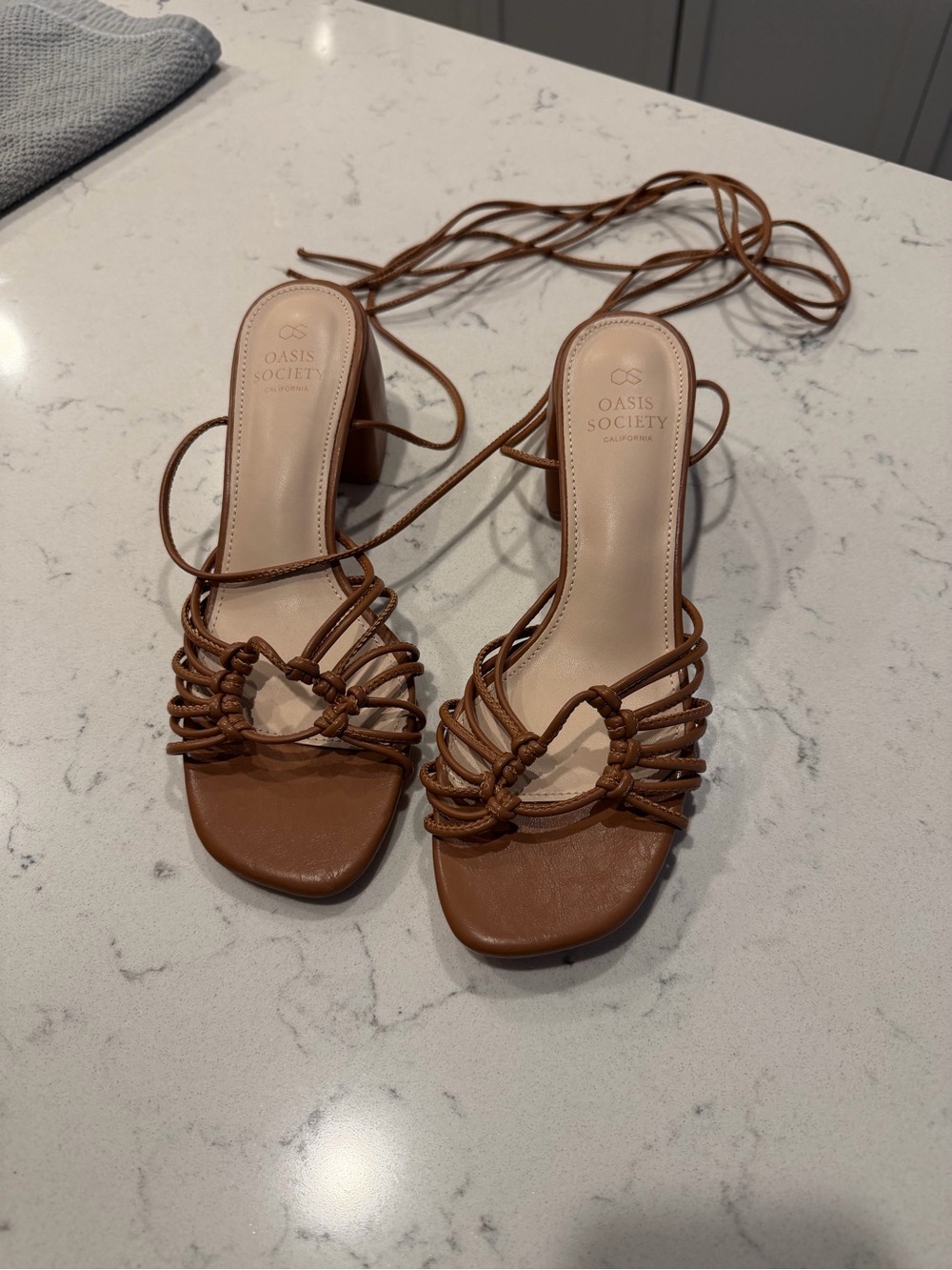 Oasis Society Tan Knotted Lace-Up Block Heel Sandals